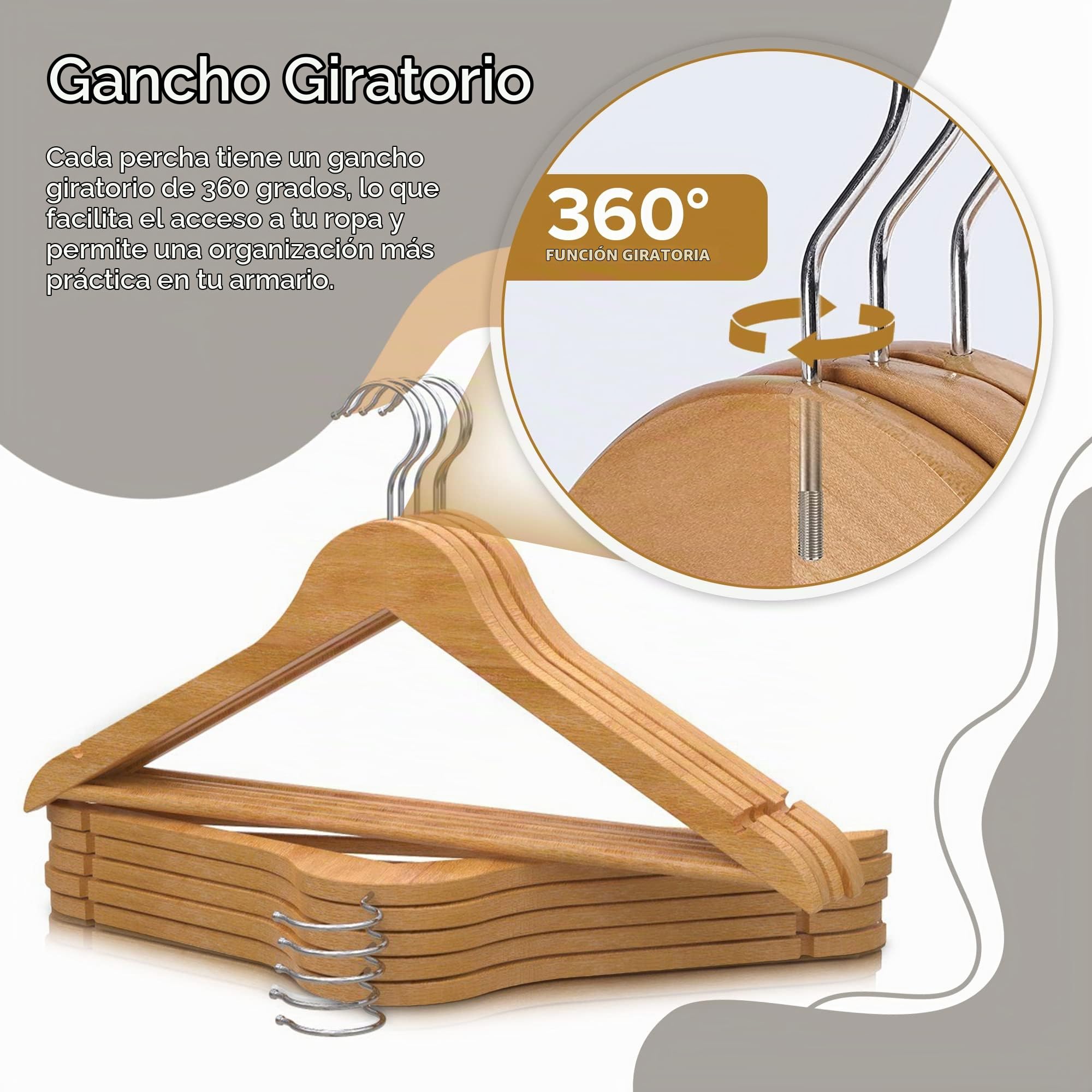 PORTENTUM Set de 20 Perchas de Madera para Ropa, Color Natural. Gancho Giratorio 360º, Perchas Pantalones, Colgador Antideslizante para Trajes, Chaquetas y Camisas, Muescas para Vestidos y Blusas