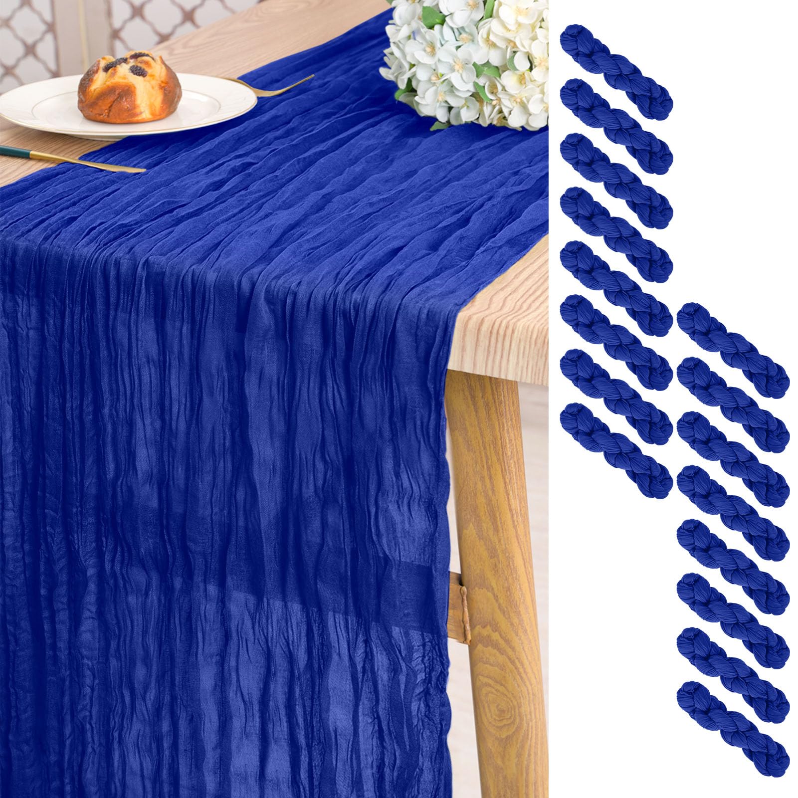 16 Pack Gauze Cheesecloth Table Runner 10ft Long Royal Blue Gauze Boho Wedding Table Runners 21.5 x 120 Inch for Wedding,Bridal Shower,Party,Banquet Decoration
