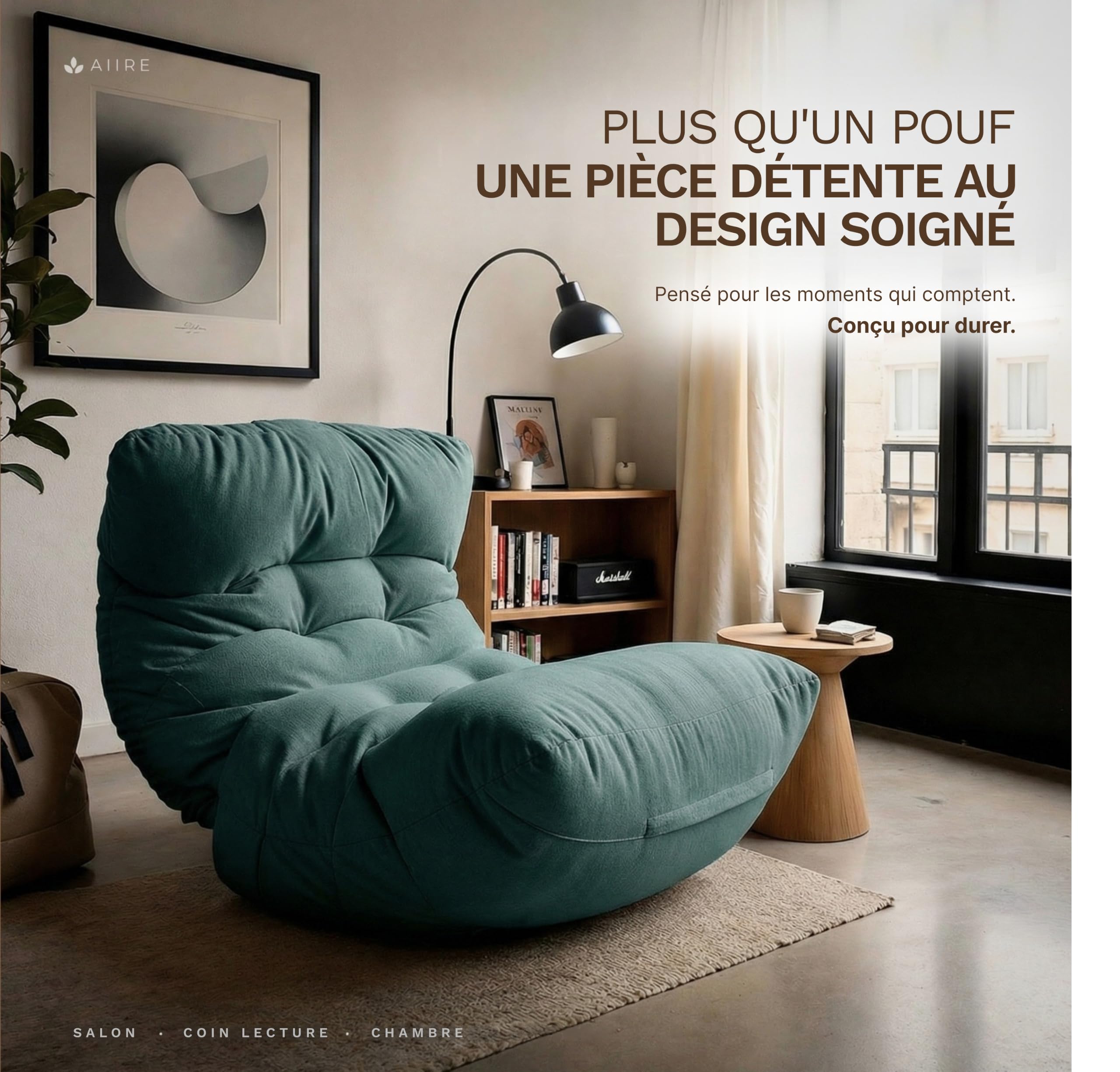Aiire Fauteuil Pouf Salon Moderne - Pouffe Géant XXL Interieur Adulte ou Ado avec Remplissage pour Décoration de la Chambre – Gros Bean Bag ou Coussin de Sol Vert