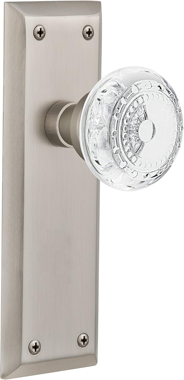 Nostalgic Warehouse 752897 New York Plate with Crystal Meadows Knob, Surface Mounted, Polished Brass