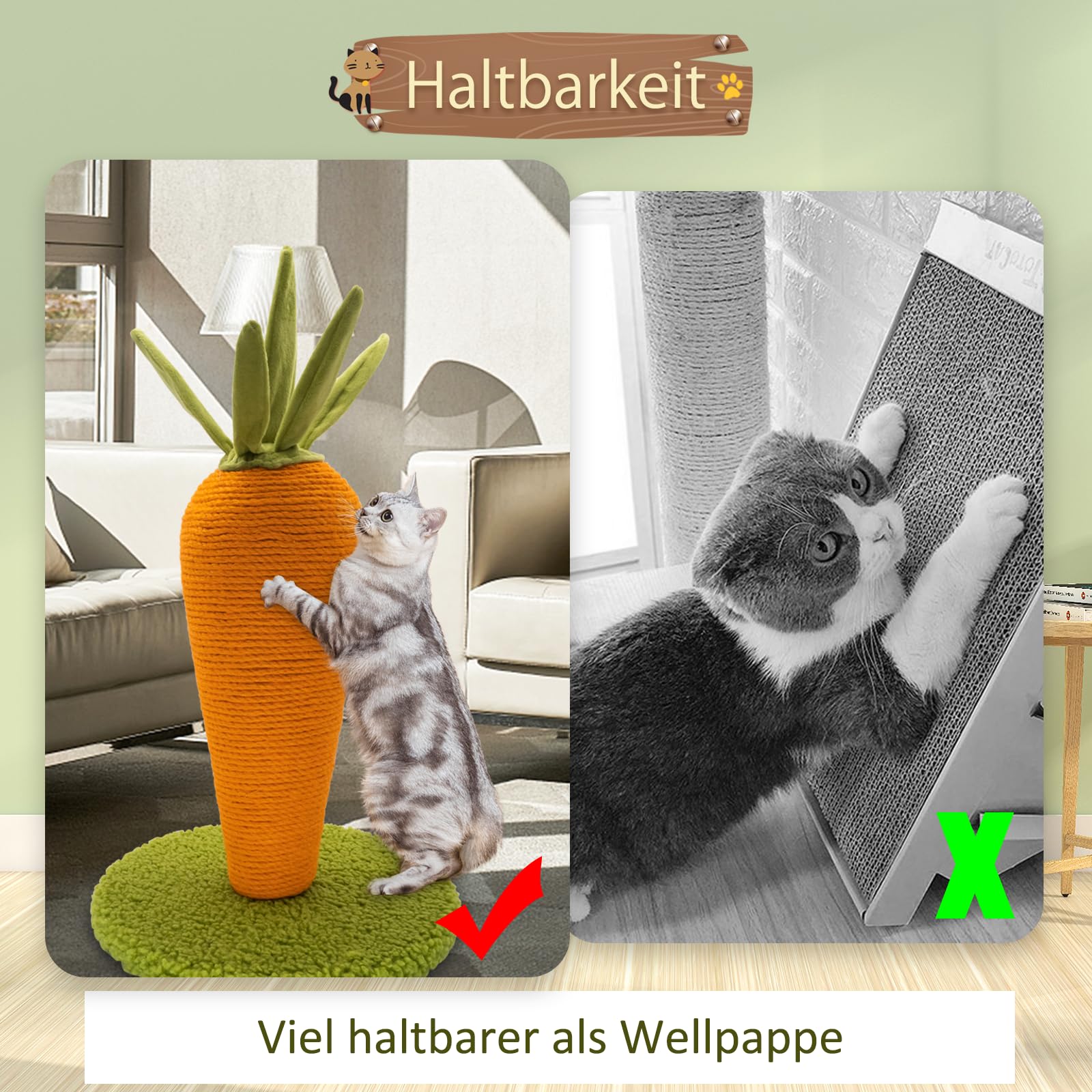 AUSCAT Kratzbaum Karotte, 42cm Süße Möhre Kratzsäule für Katzen, Kratzstamm aus Natursisal Indoor für Kätzchen