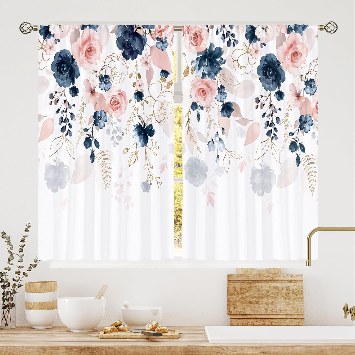 Laifzere Navy Blue Pink Flower Kitchen Curtains Floral