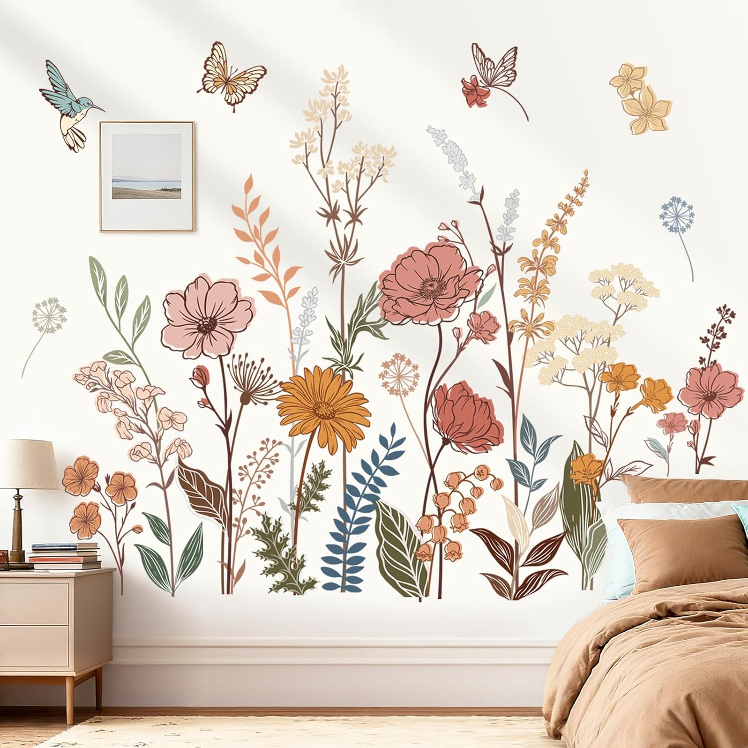 wondever Boho Flower Wall Stickers Wildflower Floral Grass Plants Peel and Stick Wall Art Decals for Baby Nursery Girls Bedroom Living Room