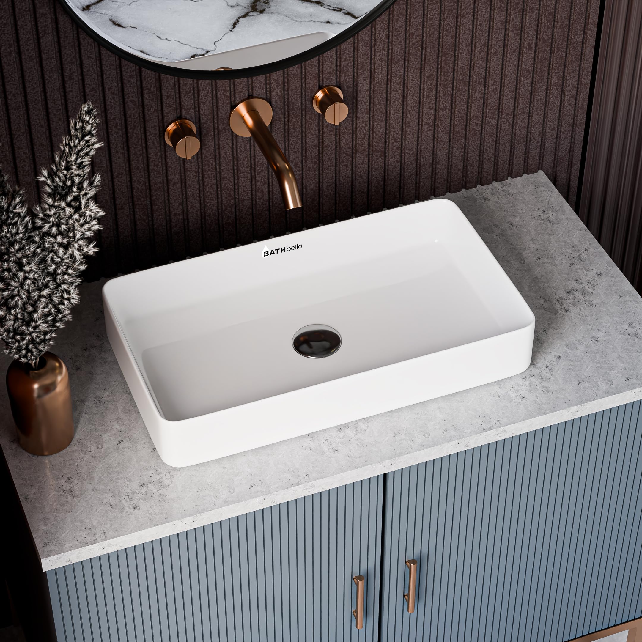 Table Top Ceramic Wash Basin For Bathroom | Rectangular Counter Top Bathroom Sink, Premium Glossy White Above Counter Vanity Basin, Modern Design (24 x 14 x 5 Inch)-image-1