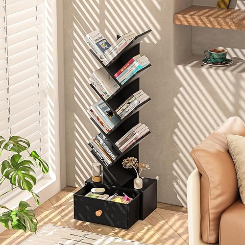 Miniatura 2 de Estantería pequeña con cajón, estantería de 4 niveles en forma de árbol en color negro, estantería de escritorio de madera, estanterías modernas de