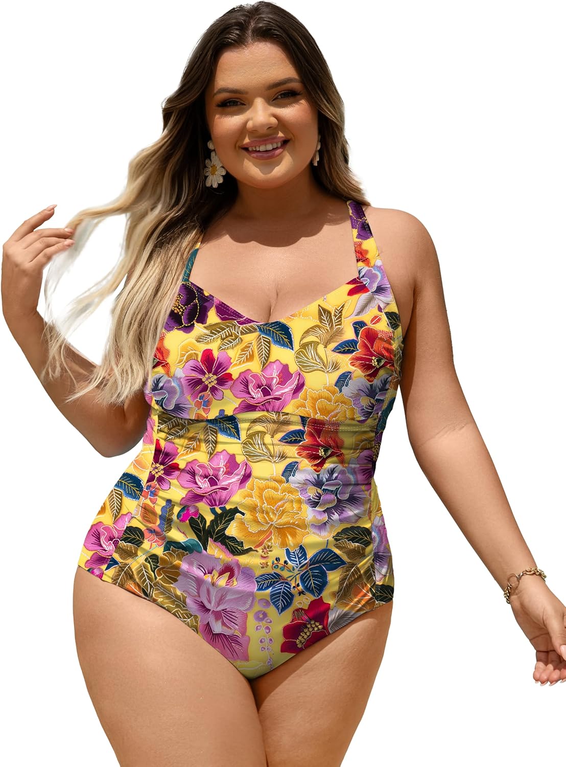 Floral One Piece Swimsuit Women Plus Size Swim Romper Adjustable Straps Bathing Suit Retro Tummy Control Swimwear L - Image 5