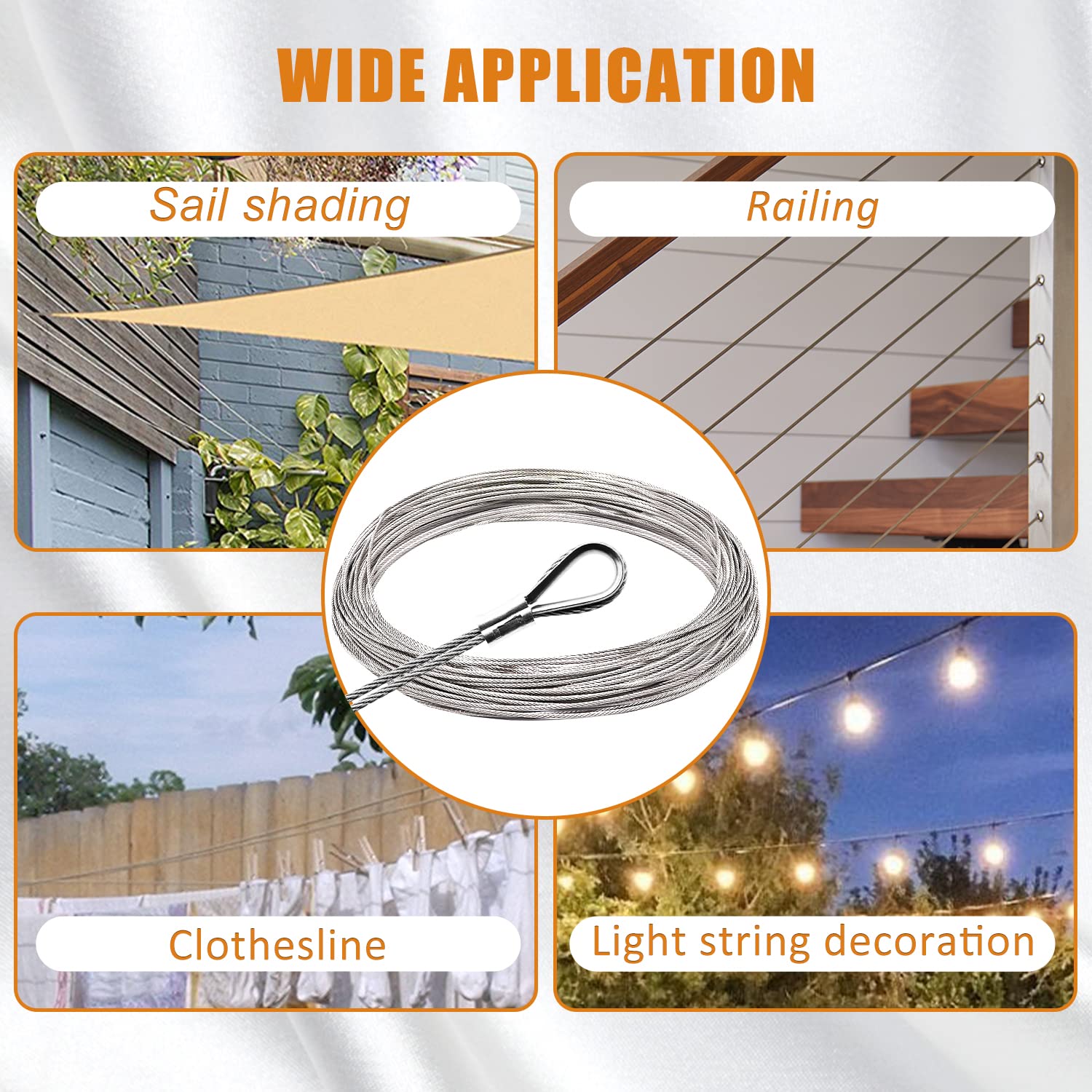 Zip Line Cable 50FT 1/4" T316 Stainless Steel Cable - 6700LB Strength With Clamps & Thimbles For Deck Railing, Zipline Zipline Cable Rope