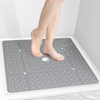 OTHWAY 27x27 Extra Large Non-Slip TPE Shower Mat with Suction Cups, Quick Drain Holes, Machine Washable - Grey