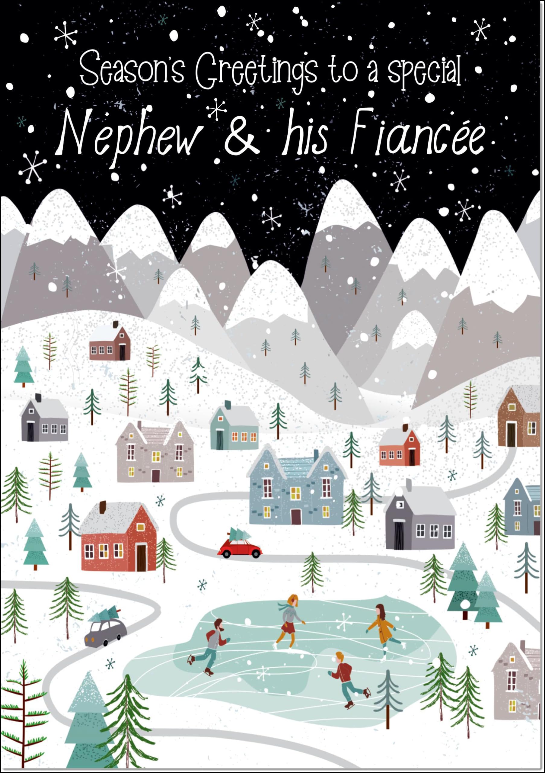 doodlecards Nephew and Fiancee Christmas Card Mountain Scene In Snowy Village Large A4 Size Christmas Card for Nephew & Fiancee with Plain Envelope โ image 1
