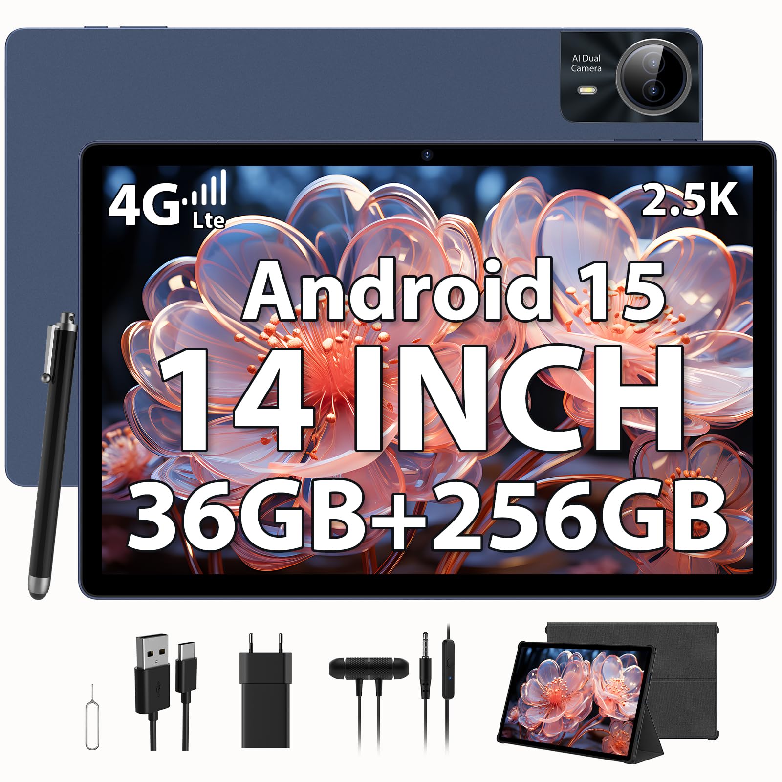 PIXGOOD 2.5K Android 15 Tablet 14 pollici, 4G Lte Double SIM/5G WiFi, Screen 2240 x 1400, 11580mAh, 36GB RAM+256GB ROM, 4 altoparlanti, Octa-Core, 13MP+8MP, Tablet in offerta con Custodia/GPS (Blu)