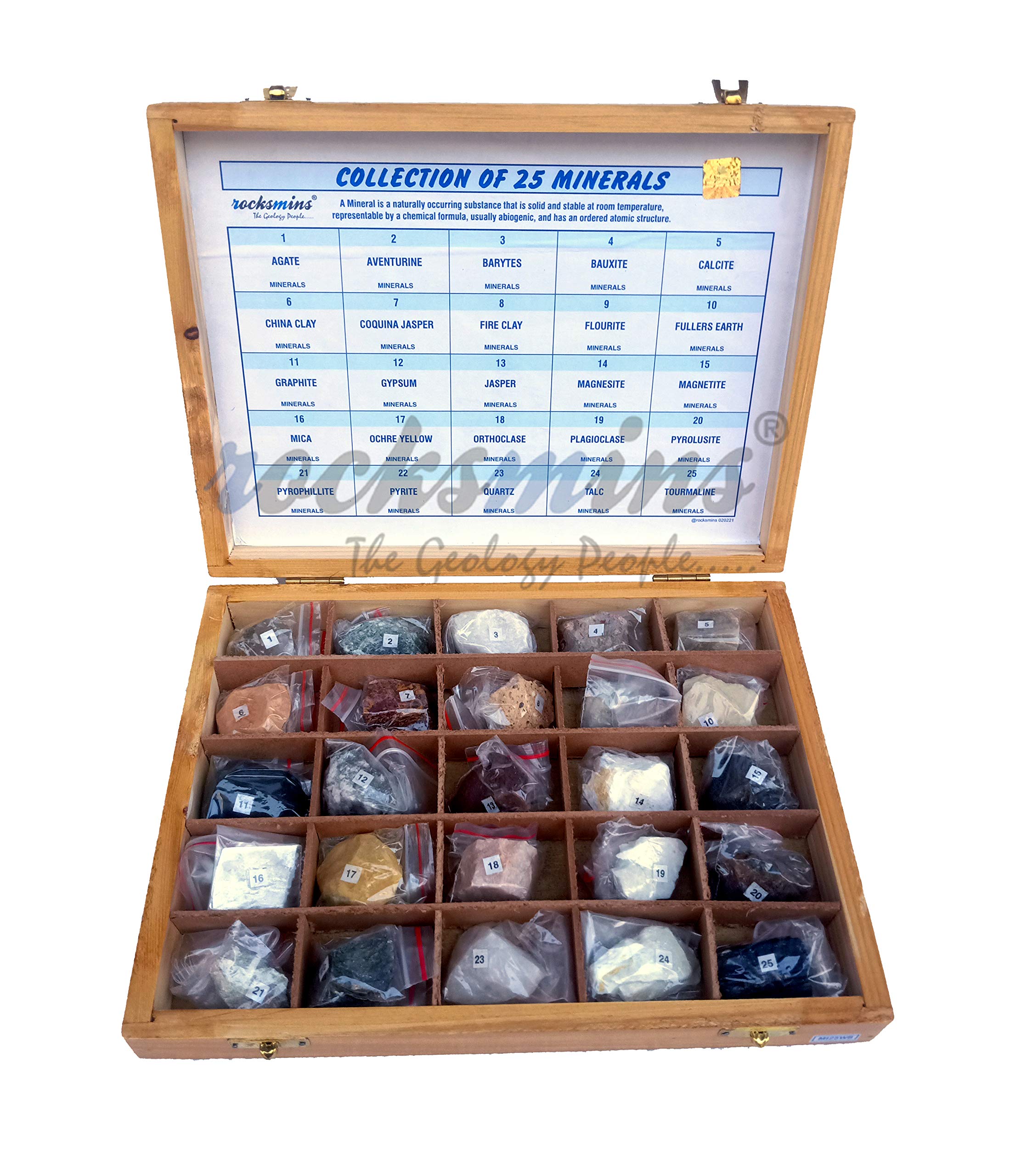Rocksmins Collection of 25 Minerals in Wooden Box MI25WB a Set of 25 Big Mineral Specimen for Students School College Education Rocks Geology Kits Ideal Study Earth Science & Stones-image-9
