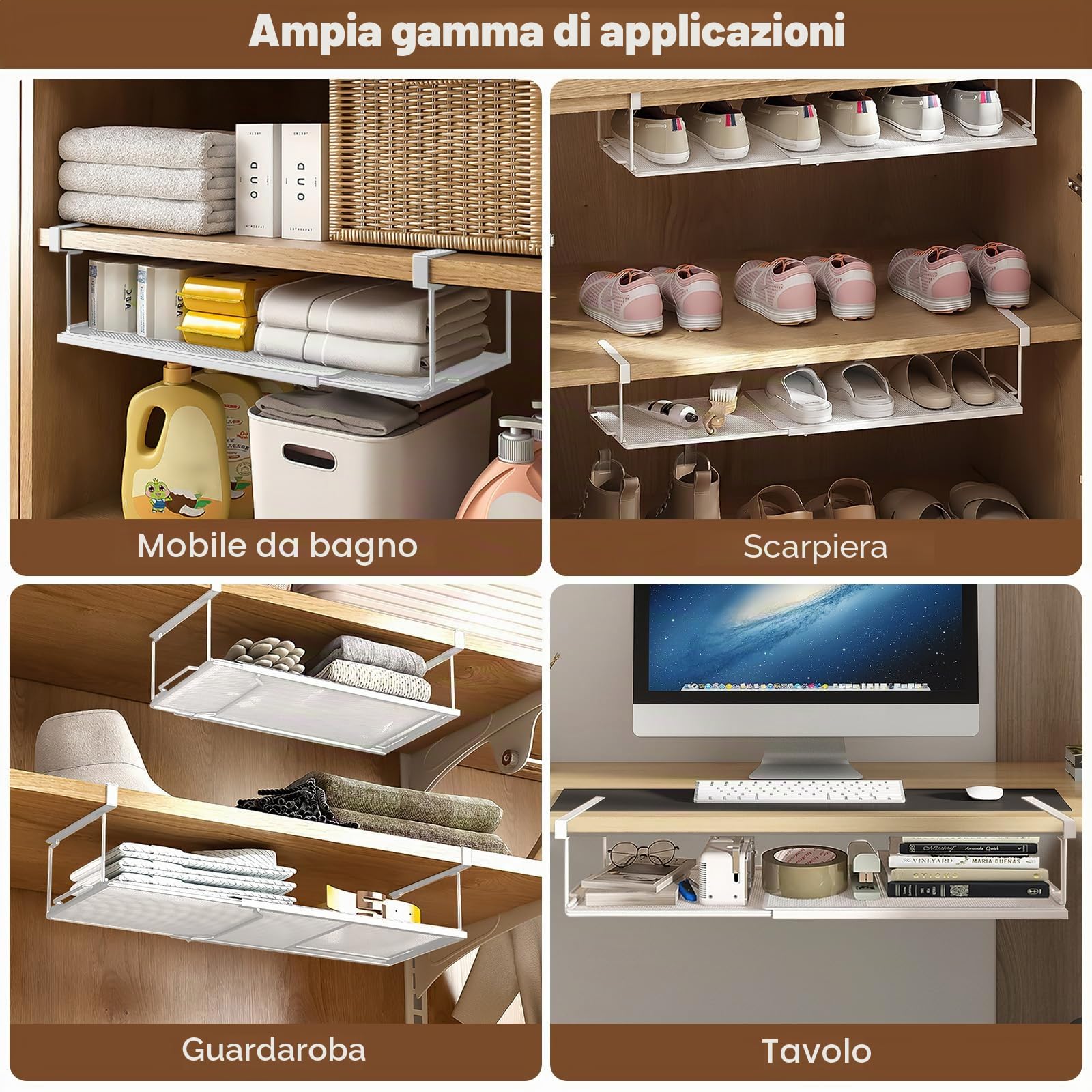 Cestello Sottoripiano, Cesto Portaoggetti da Appendere, Organizer Espandibile per Armadio Cestello Portaoggetti in Metallo Cesto Sotto Ripiano per Cucina, Ufficio, Dispensa, Bagno, Lavanderia