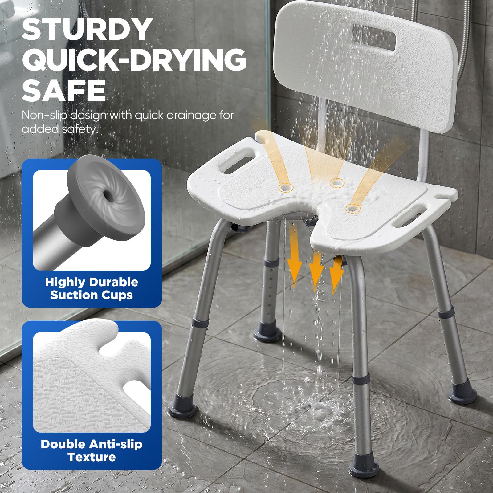 Silla de ducha con respaldo extraíble, taburete de ducha de altura ajustable para bañeras, asiento de ducha antideslizante para personas mayores y embarazadas, silla de ducha de aluminio con