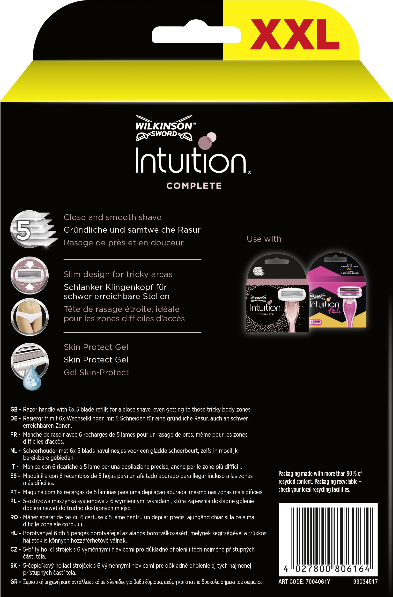 Wilkinson Sword - Intuition Complete XXL Pack - Rasoi per donna - Confezione XXL con 1 rasoio + 6 lame di ricarica - Contiene gel Skin Protect