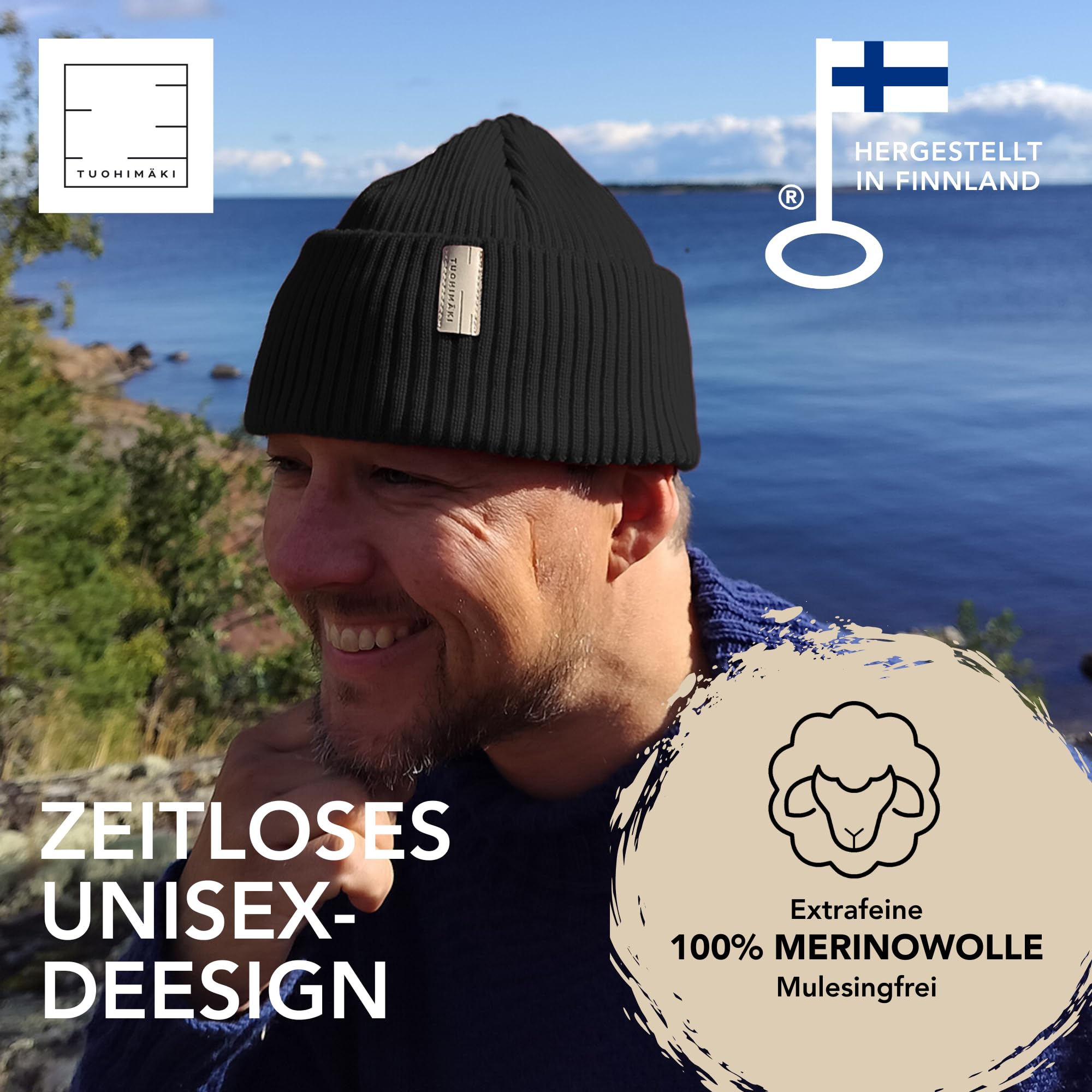 Fisherman Beanie für Herren und Damen, Merino Mütze aus 100% Merinowolle, Fischermütze Docker Mütze eng anliegend, temperaturregulierend, Made in Finland, Farben Schwarz, Rot, Beige