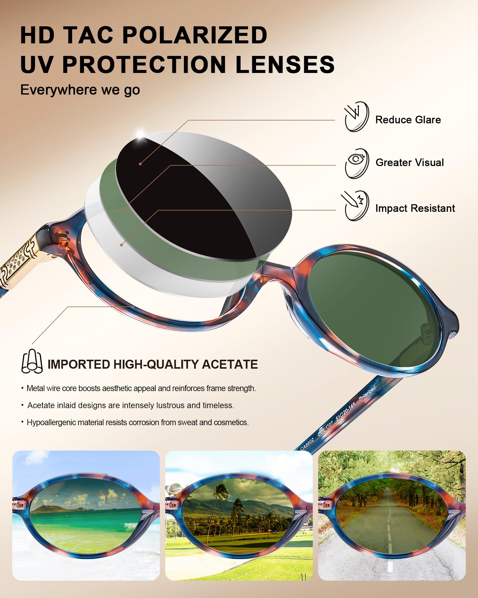 CARFIA Damen Sonnenbrille Polarisierten 99.99% UV-Schutz Gläsern Schmaler Acetat Rahmen Trendige Ovale Sonnenbrille CA6602