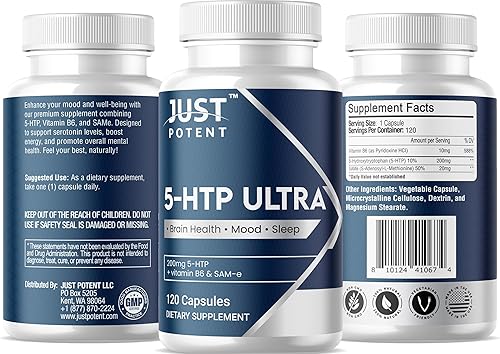Miniatura 2 de Just Potent 5-HTP Ultra 200mg 120 cápsulas Suministro para 4 meses para el sueño, el estado de ánimo y la salud cerebral Fortificado con SAM-e y