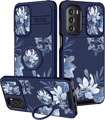Goocrux Funda 2 en 1 para Moto G Stylus 5G 2022 para mujeres y niñas, diseño femenino bonito estético de flores azules con funda deslizante para