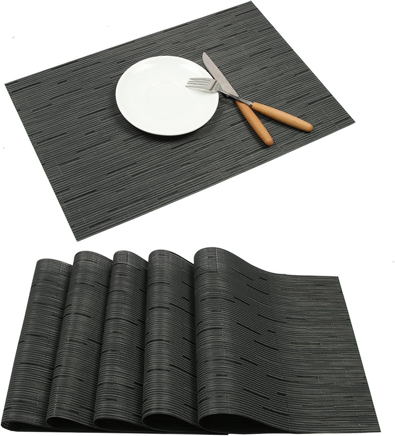 Placemats for Dining Table, Washable Crossweave Woven Vinyl PVC Placemats Kitchen Table Place Mats Set of 6, Easy to Clean,Black