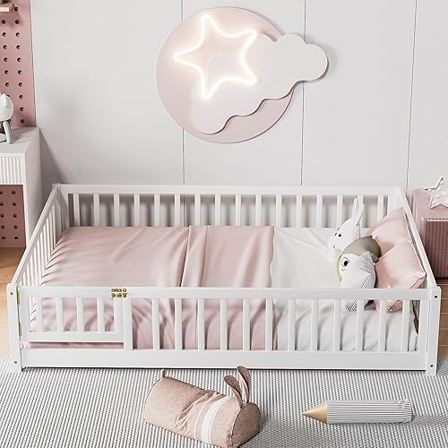 Miniatura 15 de Marco de cama Montessori de madera de tamaño individual con listones de madera, valla y puerta para niños, niñas y niños, espresso (con listones de