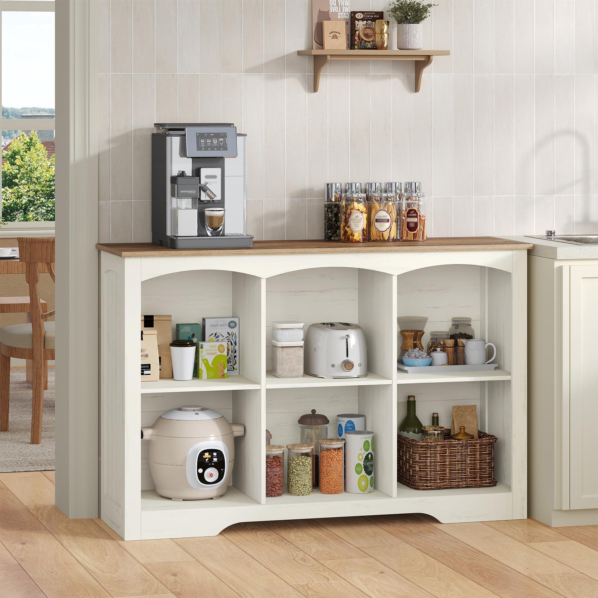 Bücherregal Regal mit 6 Fächern, 106 x 34 x 80 cm, Weiß und Braun | Würfelregal, Offenes oberes Ablagefach, für Wohnzimmer, Büro, Schlafzimmer und Küche, FFSG003FWR1