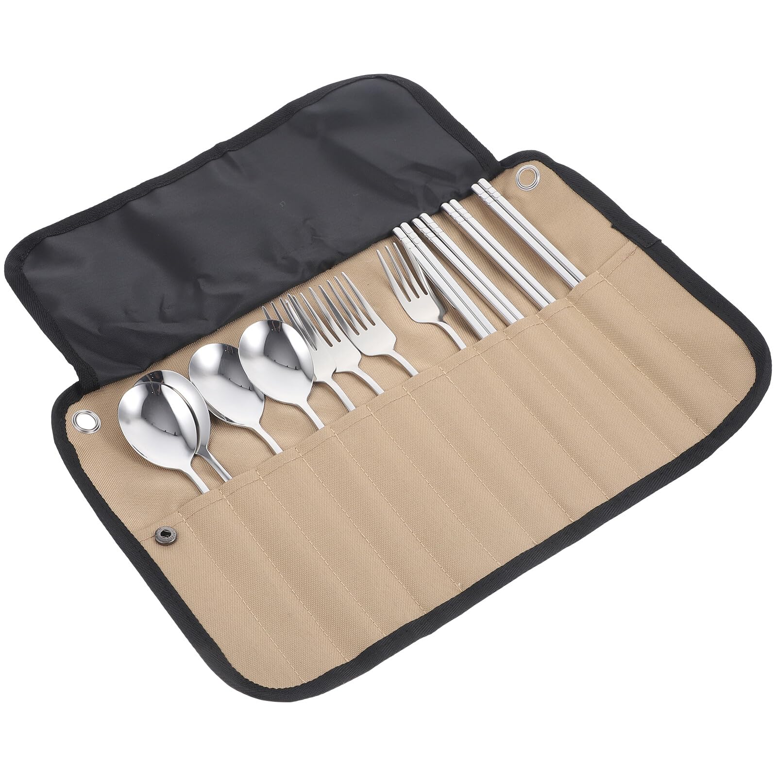 Hohopeti Campinggeschirr mit Rollbarer Tasche Leichtes Besteck Edelstahl Polierte Kanten Multifunktional für Picknick Outdoor Reisen Inklusive Gabel Löffel Messer Tragbar und Robust