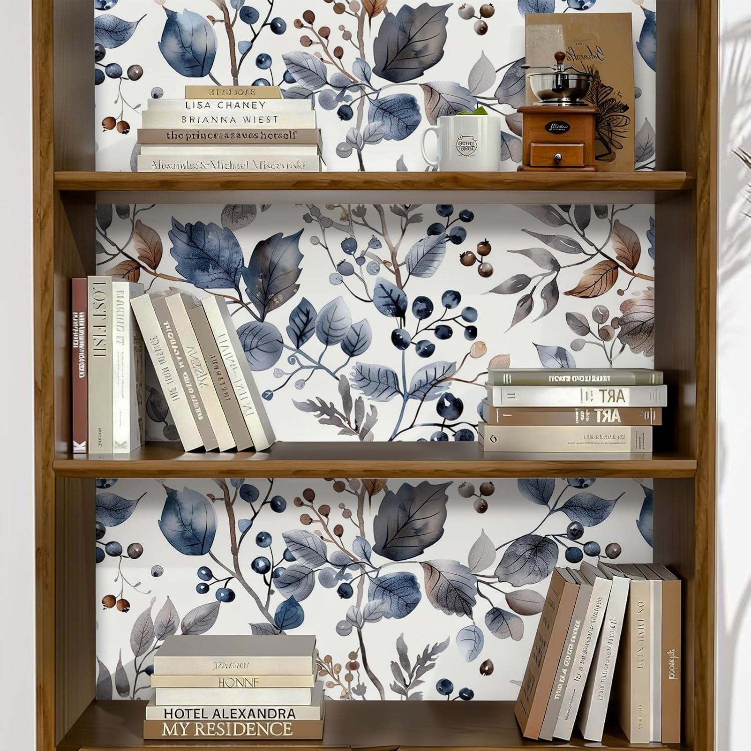 Vintage Leaf Wallpaper Self Adhesive Peel and Stick White Blue Botanical Watercolor Fruits Leaves Contact Paper Removable Waterproof for Bedroom Renter Friendly 17.71"x236.2"