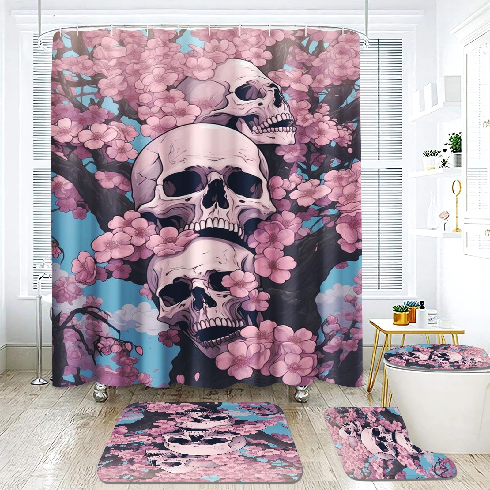 Lot de 4 rideaux de douche motif tête de mort - 180 x 200 cm - 180 x 180 cm - Motif tête de mort - En polyester imperméable - 3D - Tapis de salle de bain (180 x 180 cm, 3)