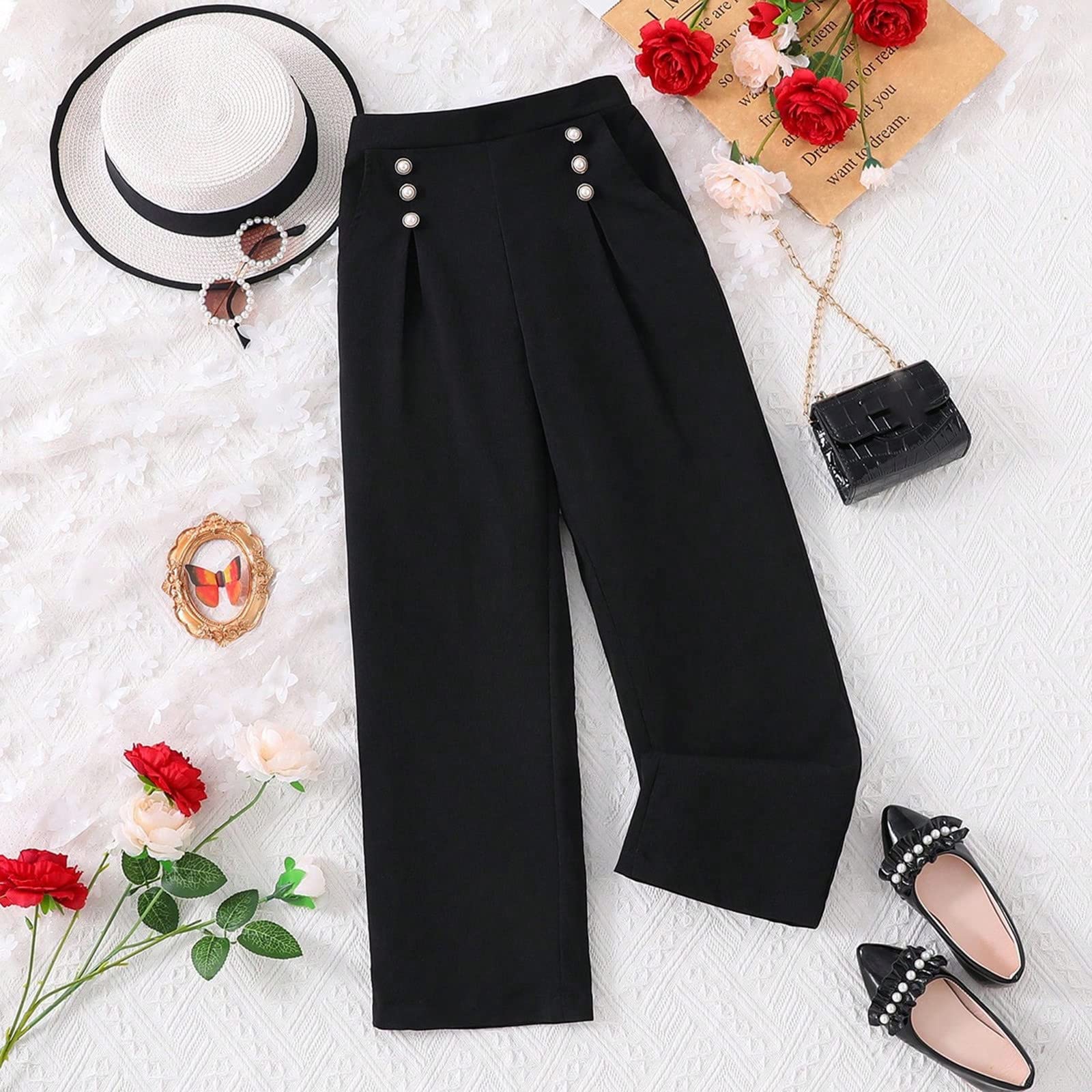 Girls Wide Leg Dress Pants High Waisted Button Loose Straight Leg Trousers Casual Palazzo Pants (Black, 8-9 Years)