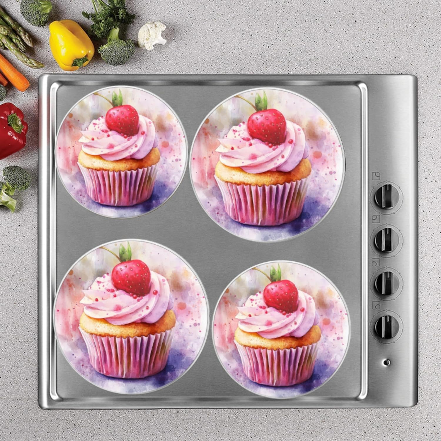 Electric Stove Burner Covers Set of 4 for Range Accessories, Exquisite Strawberry - Cupcake Art Gas Metal Cover for Expanding Counter Space Stovetop Decor