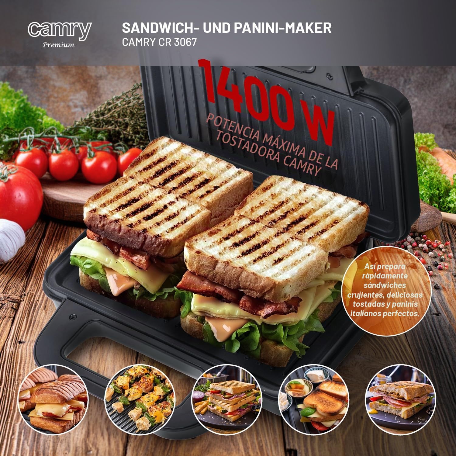 Camry - Sandwichera y panini grill en uno - 2 en 1 - sandwichera negra pequeña - sandwichera y paninitoaster - parrilla rápida - sandwich maker de camping - breakfast maker - 74 cm cable de, CR3067