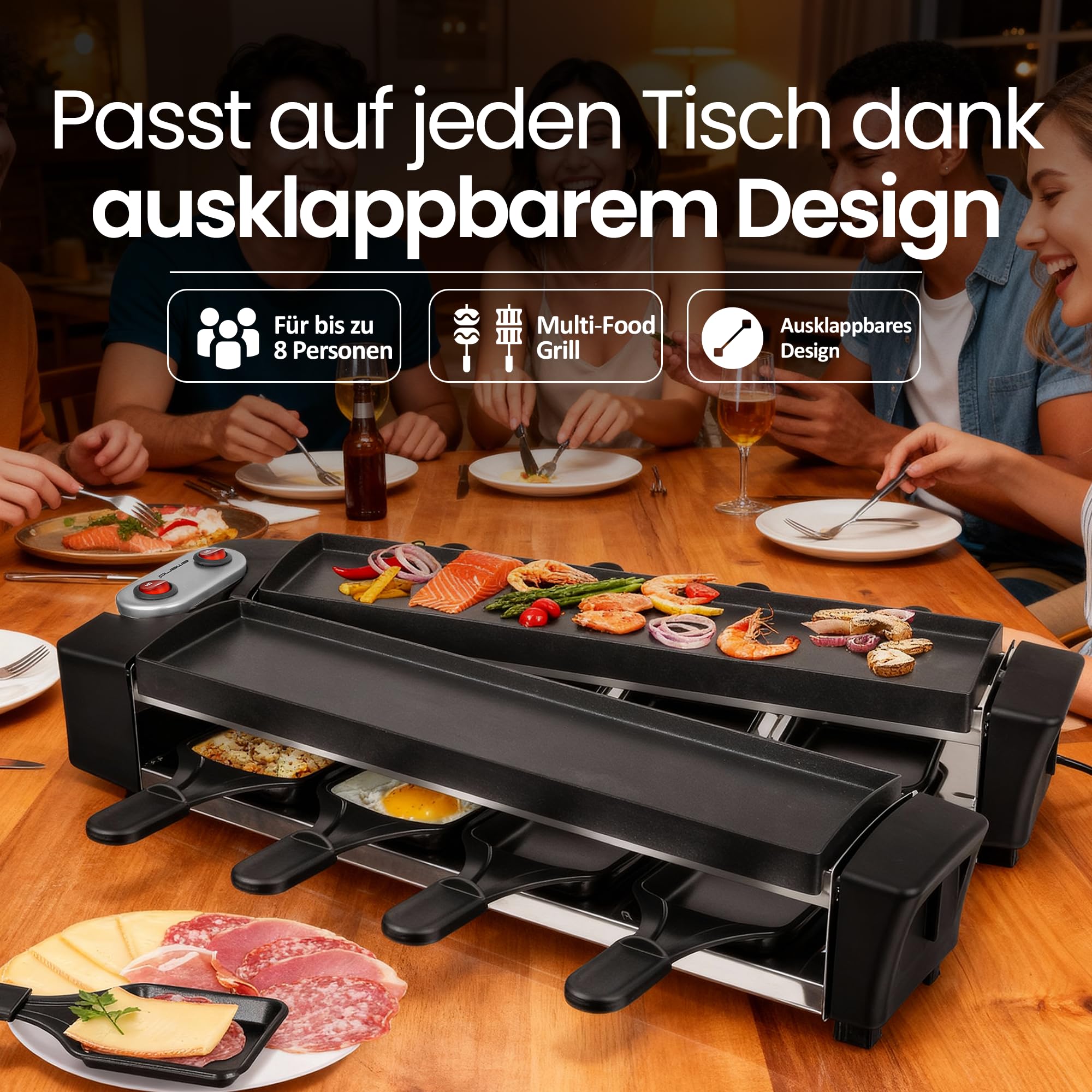 EMERIO Raclette z wysokiej jakości płytami odlewanymi ciśnieniowo | urządzenie składane | 2 x 40,6 x 10 cm powłoka nieprzywierająca bez PFAS firmy ILAG | łatwy do czyszczenia | 8 patelenek | kabel
