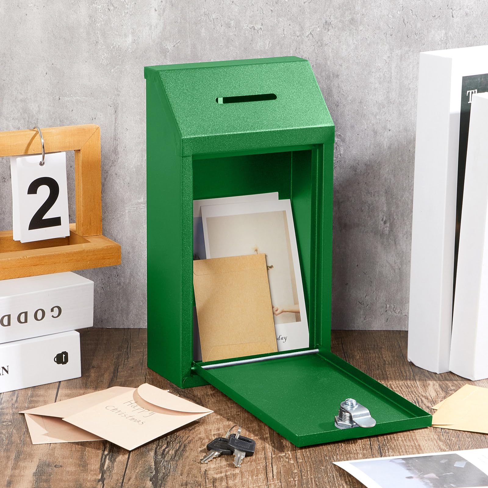 Yaocom Caja de metal para donación, caja de sugerencias segura con cerradura, buzón montado en la pared, contenedor de papeleta de entrega para casa, oficina, puerta al aire libre (verde brillante)