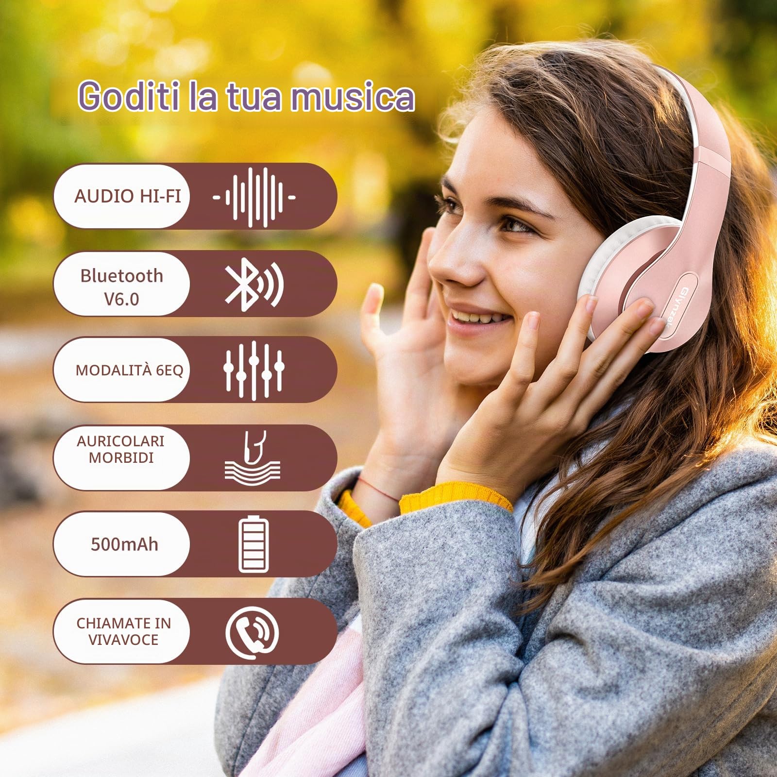 Cuffie Wireless Bluetooth 6.0, 65 Ore Di Riproduzione Cuffie Stereo HiFi con Microfono e 6EQ modalità, Pieghevole Cuffie Bluetooth Over Ear per Viaggio Smartphone Computer Portatile Rose Gold