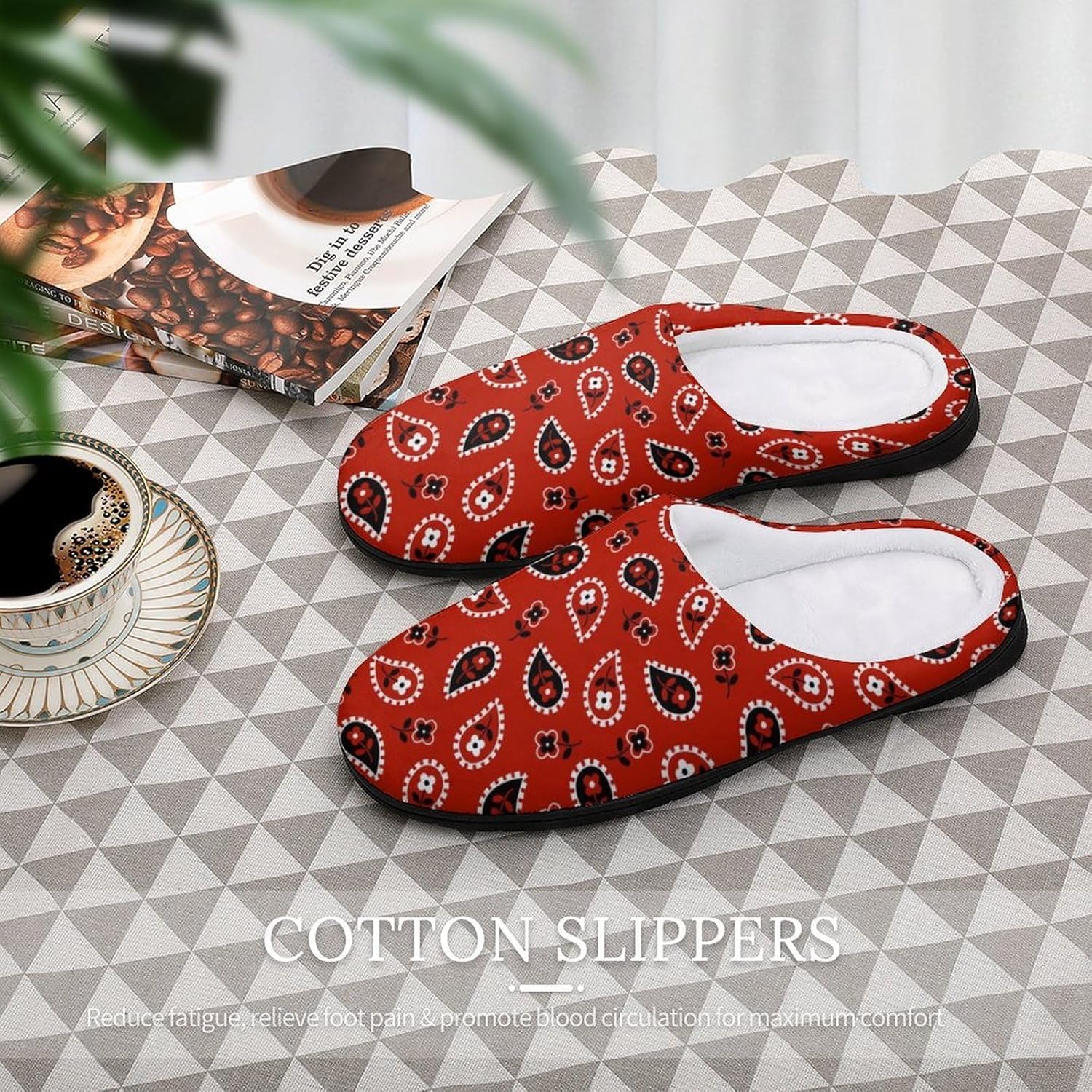 Red Paisley Bandana Women's House Slippers Memory Foam Warm Shoes Spa Rubber Sole Indoor Outdoor