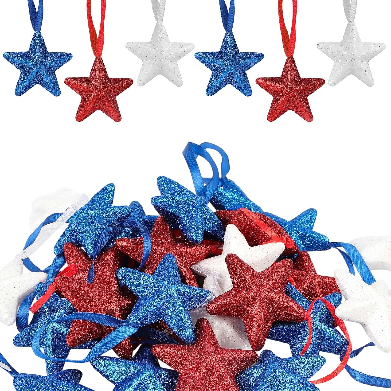 HFATMOS Patriotic Ornaments for Small Tree, Glitter Star Hanging Ornaments, Fourth of July Star Shaped for Memorial Day Home Indoor Outdoor Party Decorations Red Blue White (24)