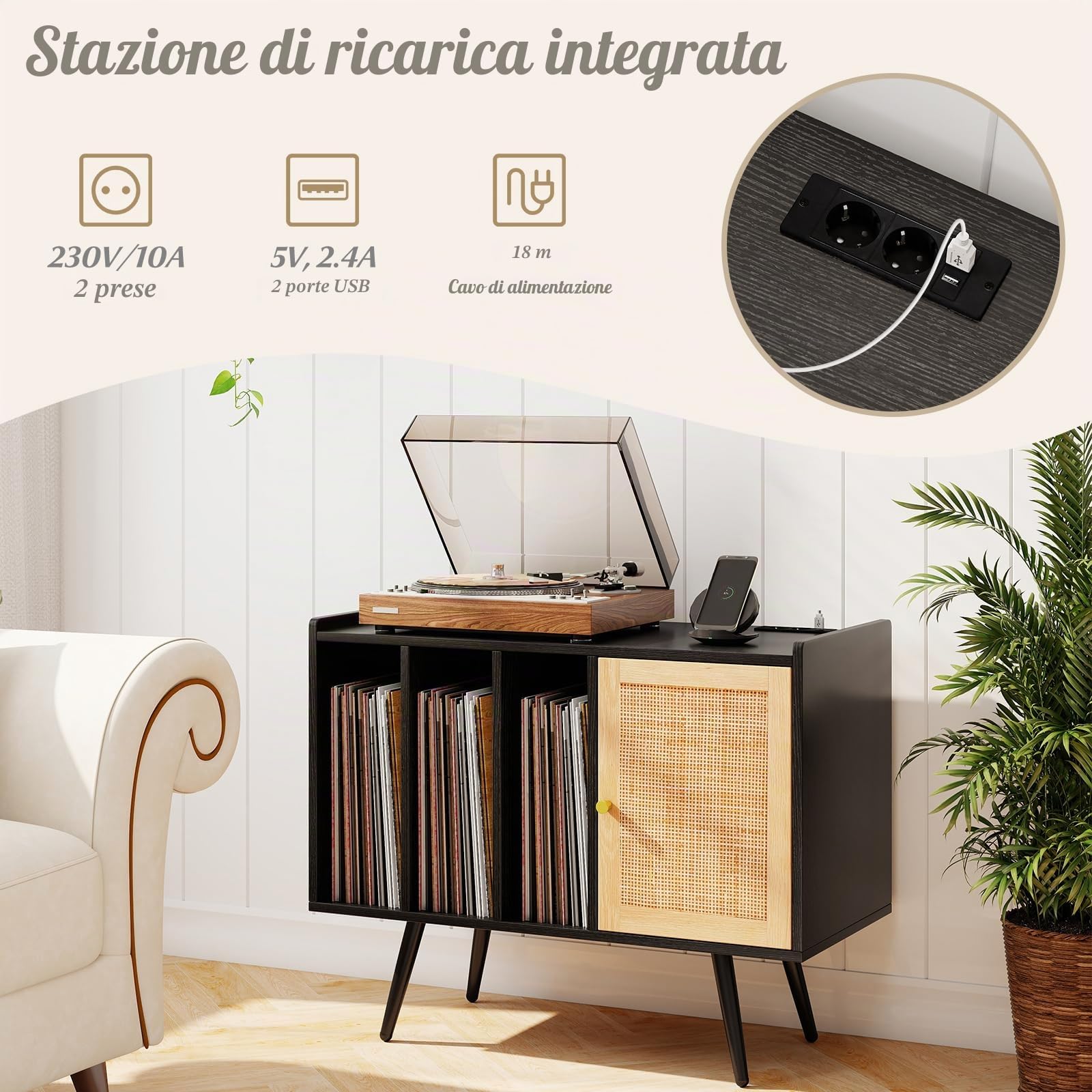KOMFOTTEU Supporto per Giradischi con Stazione di Ricarica, Mobile Vinili con 3 Ripiani Aperti e Porta in Rattan, Espositore per Dischi con Ripiano Regolabile per Soggiorno, Studio (Nero)