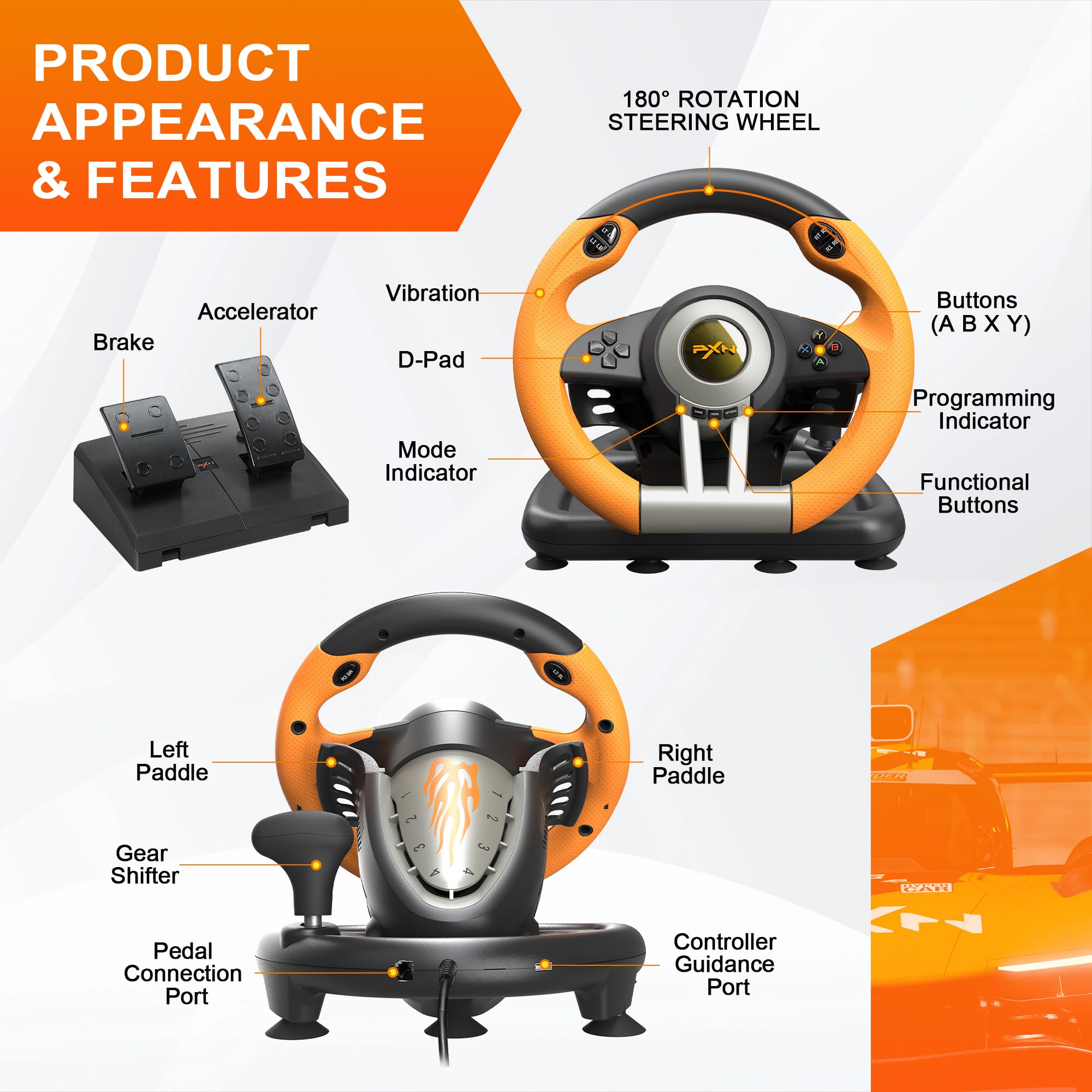 PXN V3 PRO Racing Wheel, Volante Universale da 180 Gradi USB per Auto Sim Race con Pedali per PS3, PS4, Xbox One, Switch -Arancia