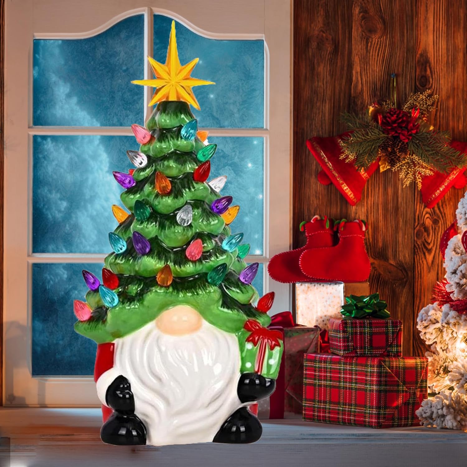 Lighted Christmas Gnomes Decorations, 8 Inch Faceless Old Man Ceramic Christmas Tree, Small Mini Prelit Xmas Holiday Decor, with 46 Colored Lights, for Tabletop Home Room Table Fireplace Office - Image 4