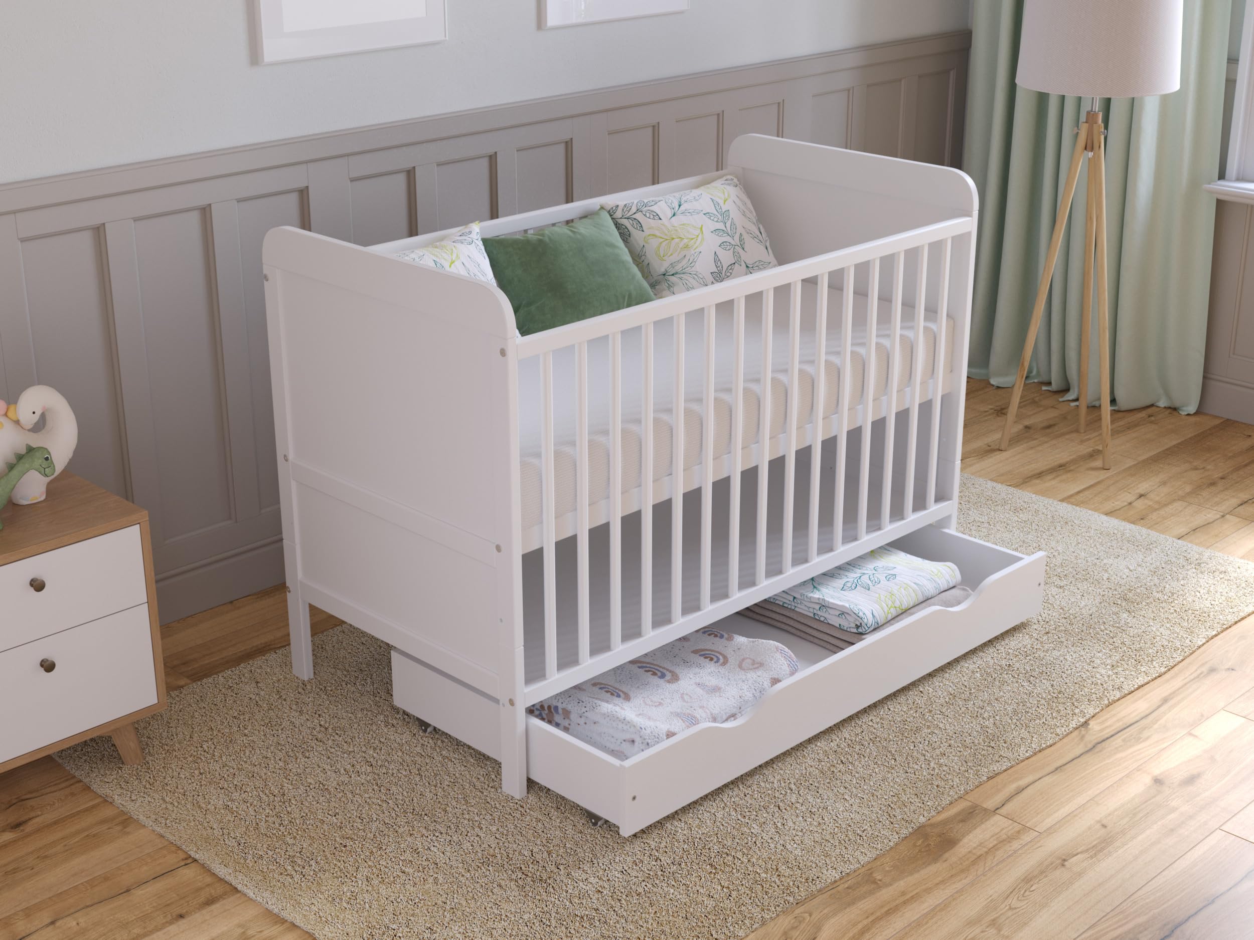 Love For Sleep Cuna de Madera para bebé 120x60 cm con cajón Blanco – Convertible en Cama Infantil – Altura Ajustable – Cuna evolutiva para recién Nacido y niño pequeño