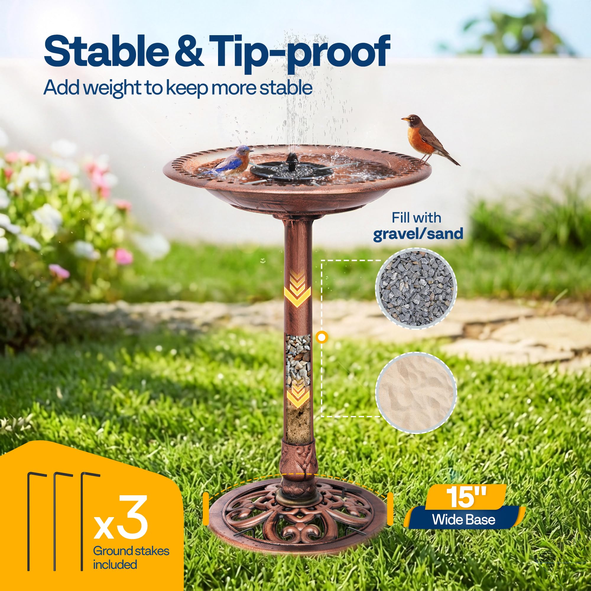 VIVOHOME Polyresin Antik Outdoor Bronze Garten Vogeltränke und solarbetriebene runde Teichbrunnen Kombi-Set | Solarpumpe aus wetterbeständigem Polyresin, 50,8 cm Schale, für Outdoor/Garten, Vogelfreundlich, leicht zu reinigen