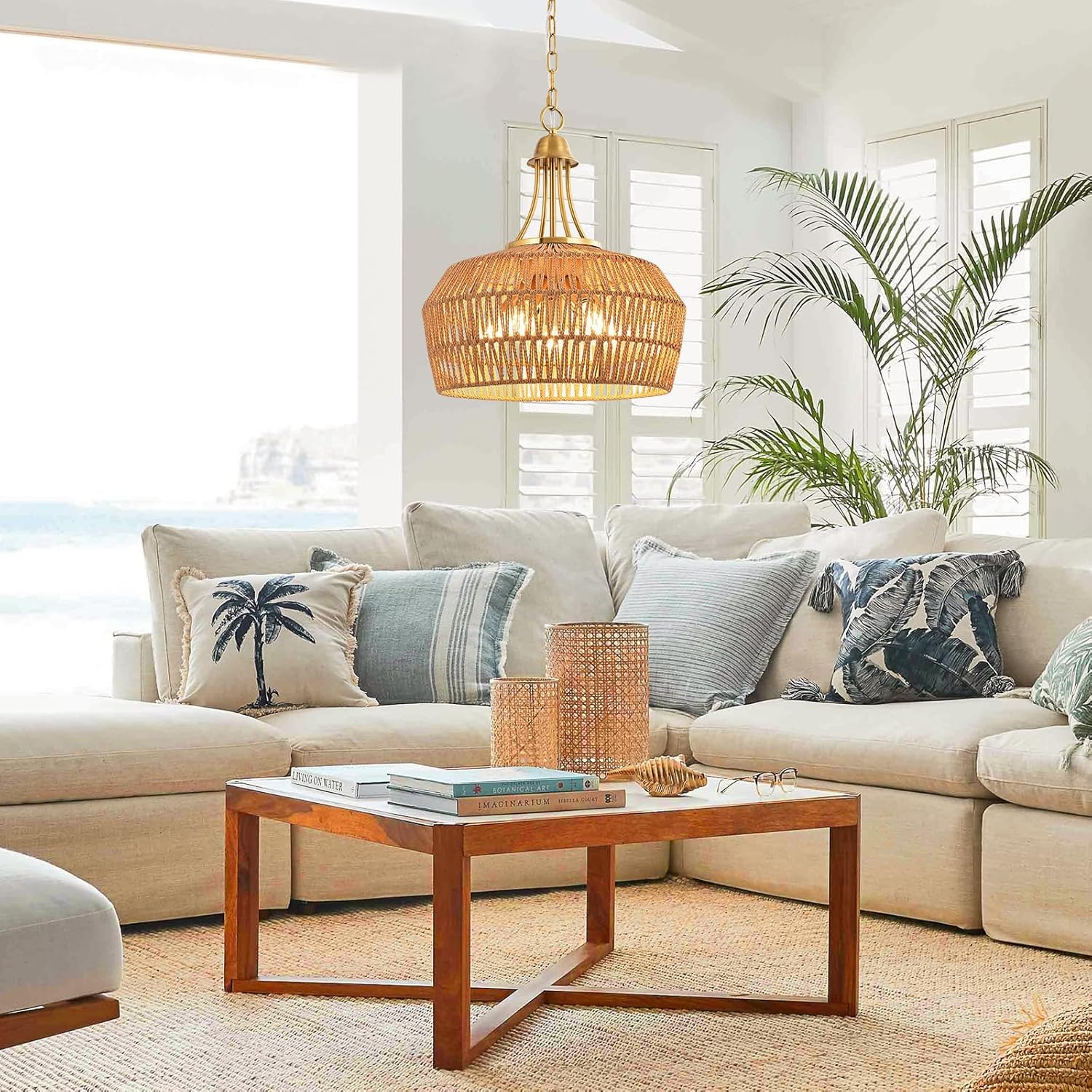 18.5'' Rattan Chandeliers for Dining Room, 5-Light Boho Pendant Light, Hand Woven Lampshade for Kitchen Island, Bedroom, Living Room, Height Adjustable