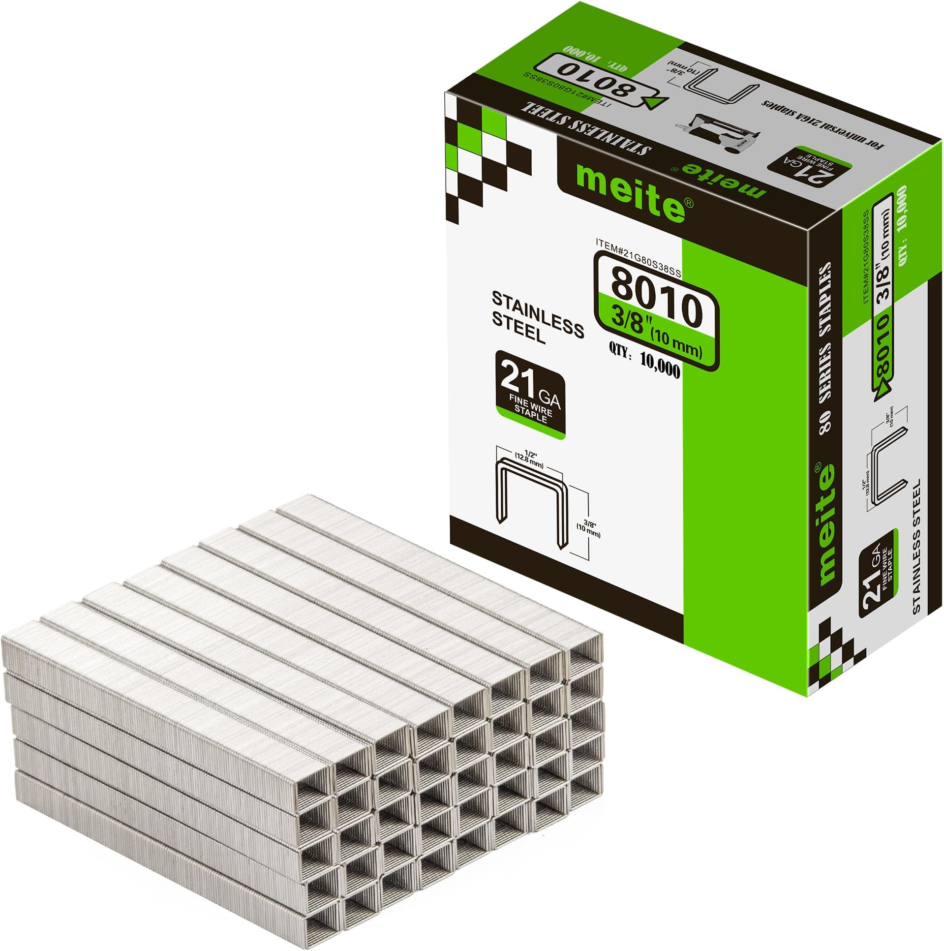 meite 21 Gauge 1/2-inch Crown Upholstery Staples, 304 Stainless Steel with 3/8-inch Leg Length, Heavy Duty Staples for Staple Gun MT8016 (10,000 Counts)