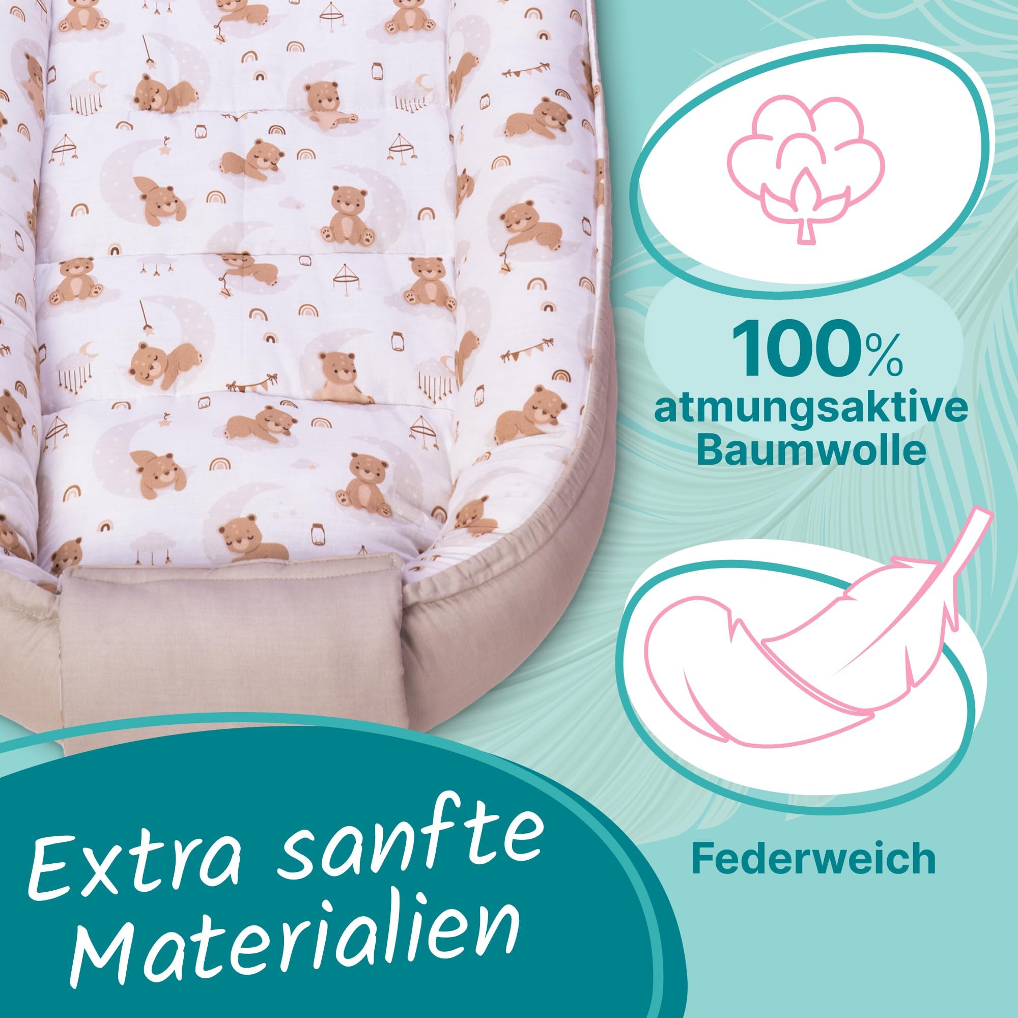 Babynest für Neugeborene, Baby Nestchen – Oeko-TEX Zertifiziert, 100% Baumwolle, maschinenwaschbar –Tragbares Babynest für zuhause & unterwegs, sicher & gemütlich – 100x58x12 cm, Beige