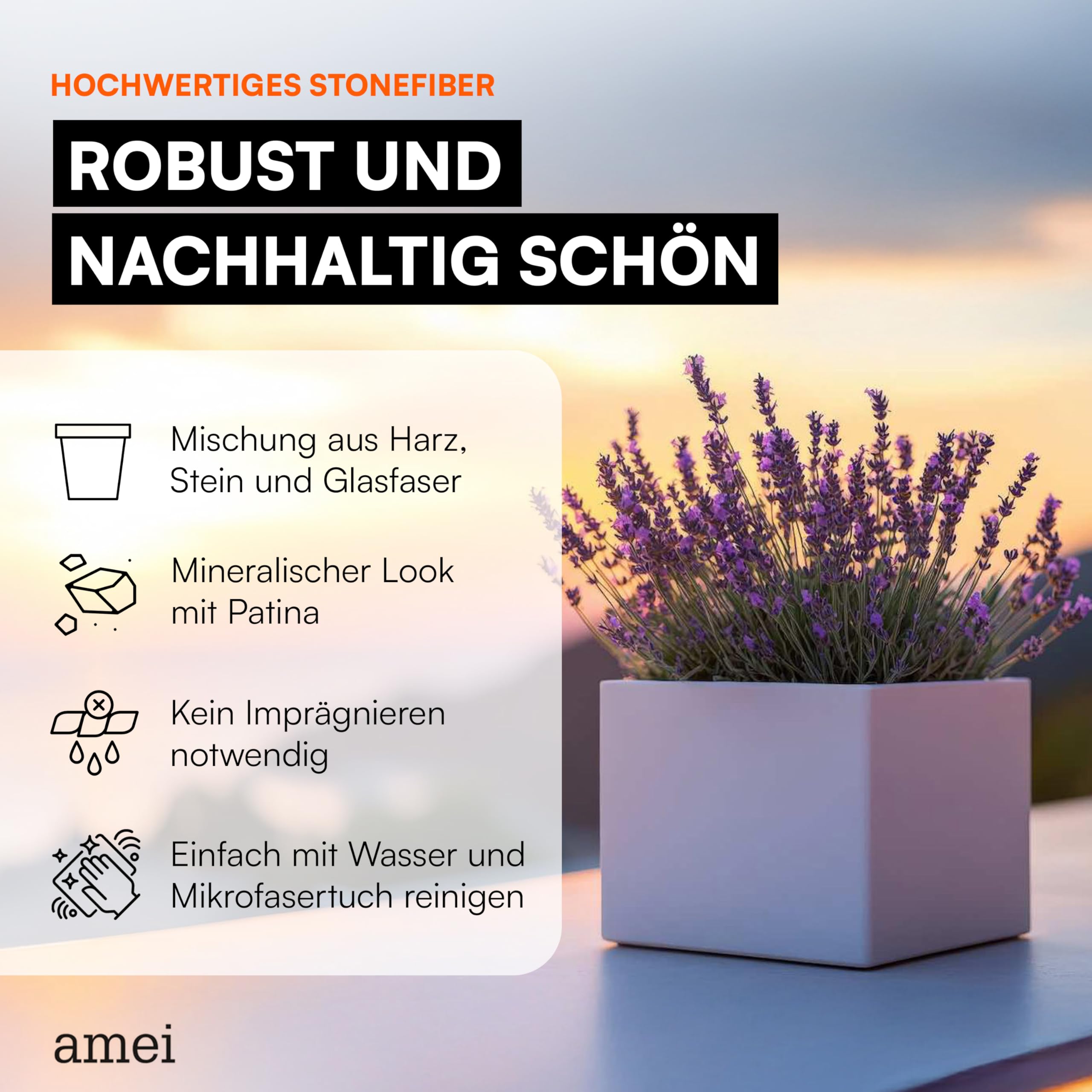 amei Der Kubische Pflanzkübel aus Fiberglas (Grau 42 x 42 x 42 cm) – Blumenkübel in geometrischer Optik – Handgefertigter Pflanzenkübel aus Stonefiber – UV-beständig und frostfest
