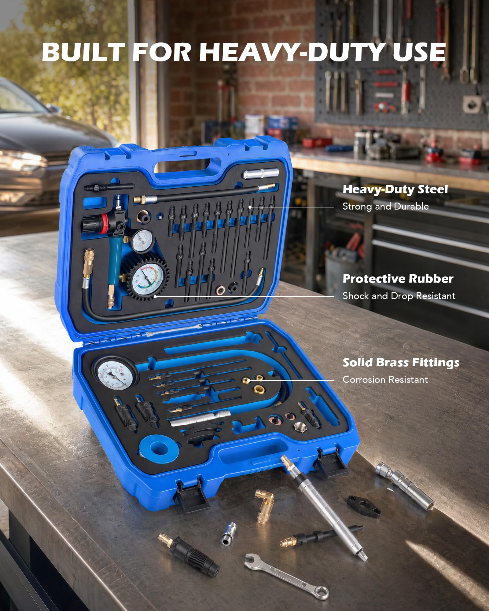 Orion Motor Tech Tester Compressione Motore 51-PZ. Kit di Prova Perdite Cilindri con Doppio Manometro Adattatori Tubi Flessibili e Attacchi Rapidi per Motori Benzina Diesel HDi TDCi e PD
