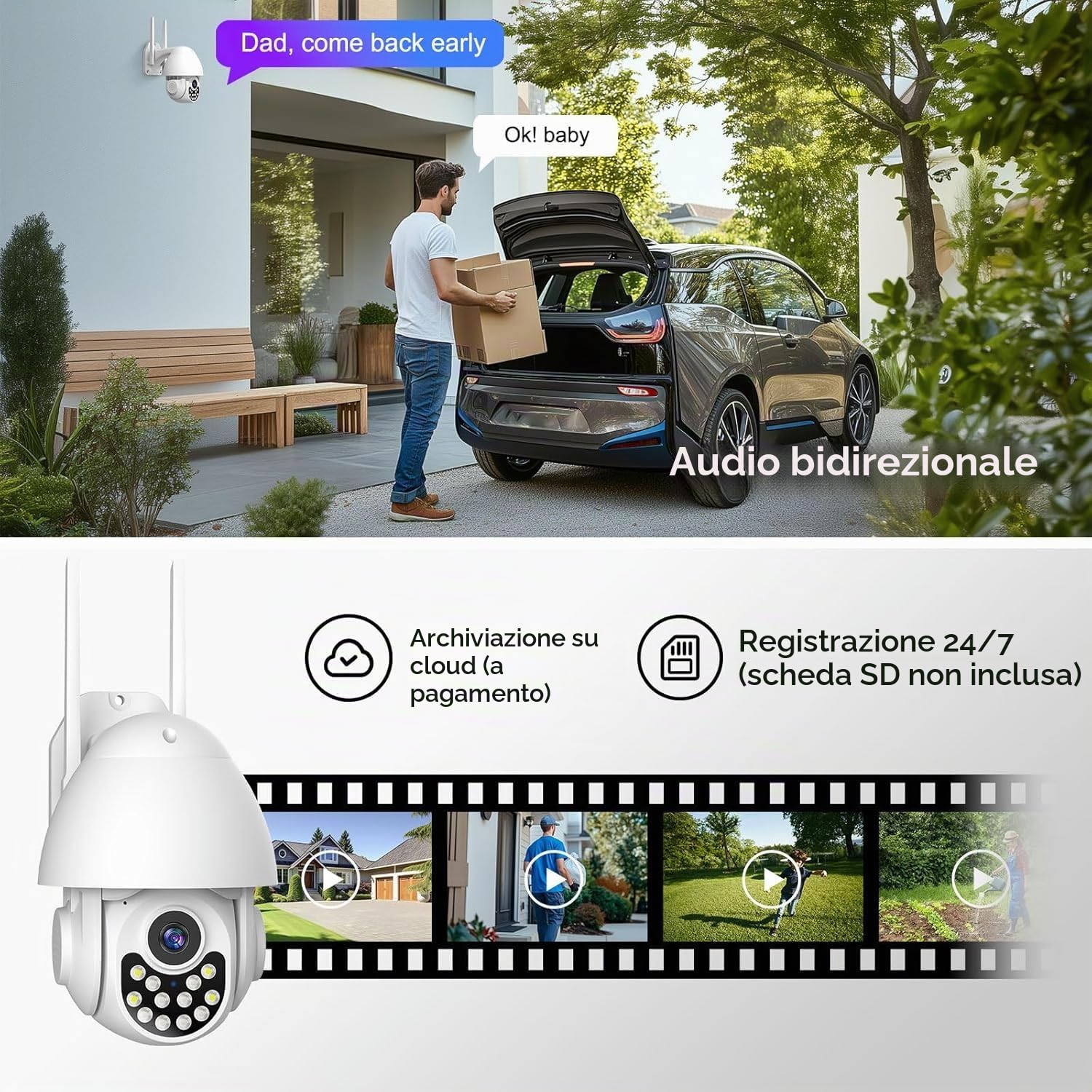 XNY 1080P Telecamera Wi-Fi Esterno 360°, 3MP Telecamera Tuya Smart Life, Visione Notturna, IP66, Tracciamento Automatico del Movimento, Audio Bidirezionale, 32G Scheda Micro SD