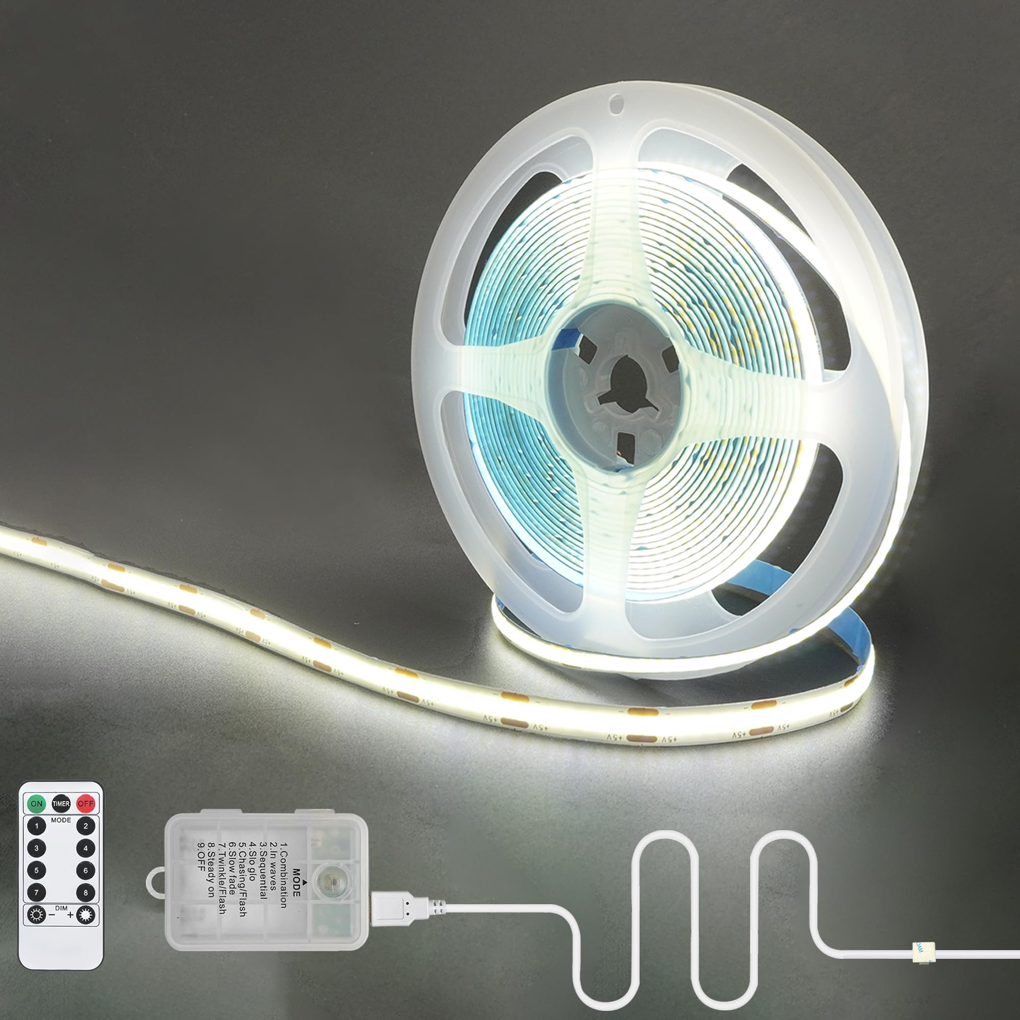 Clearhill Coolwhite-6500K 5V Cob 320Led Strip With Battery Box And Remote Control,Usb & Battery Powered (No Battery),6.56Ft/2M,Cool White 6500K,8 Modes,Dimmable And Timer,8Mm Width,Ip20,For Kitchen,Bedroom,Stairs