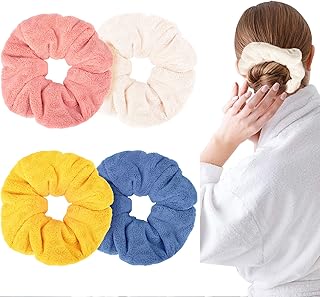4 Pieces Large Towel Microfiber Drying Soft Scrunchies Thick Scrunchies Fuzzy Scrunchy Ponytail Holder for Hair Light Bobbles Ropes Wet and Dry Hair Accessories (Classic Colors)