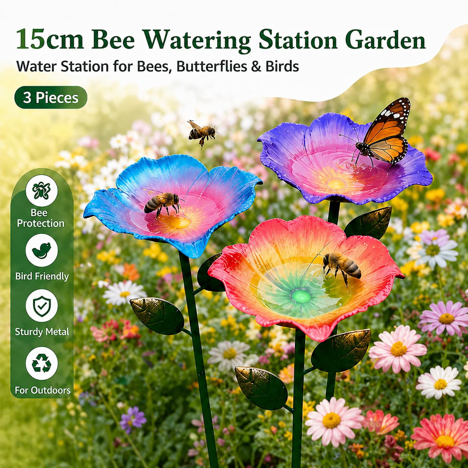 Abreuvoir Abeilles Jardin, 15cm Grand Abreuvoir à Abeilles Métal en Forme de Fleur avec Tuteur, Station d'eau pour Abeilles, Insectes & Papillons, Décoration de Jardin Extérieur (3 pièces)